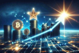 Realistic high definition image of the concept of a rising star in the crypto world, focusing on the concept of BlockDAG, set in the future year of 2030. Picture should include an upward trending line signifying the rise of BlockDAG, digital coins symbolic of cryptocurrency and a star shining bright signifying its rising popularity and success.