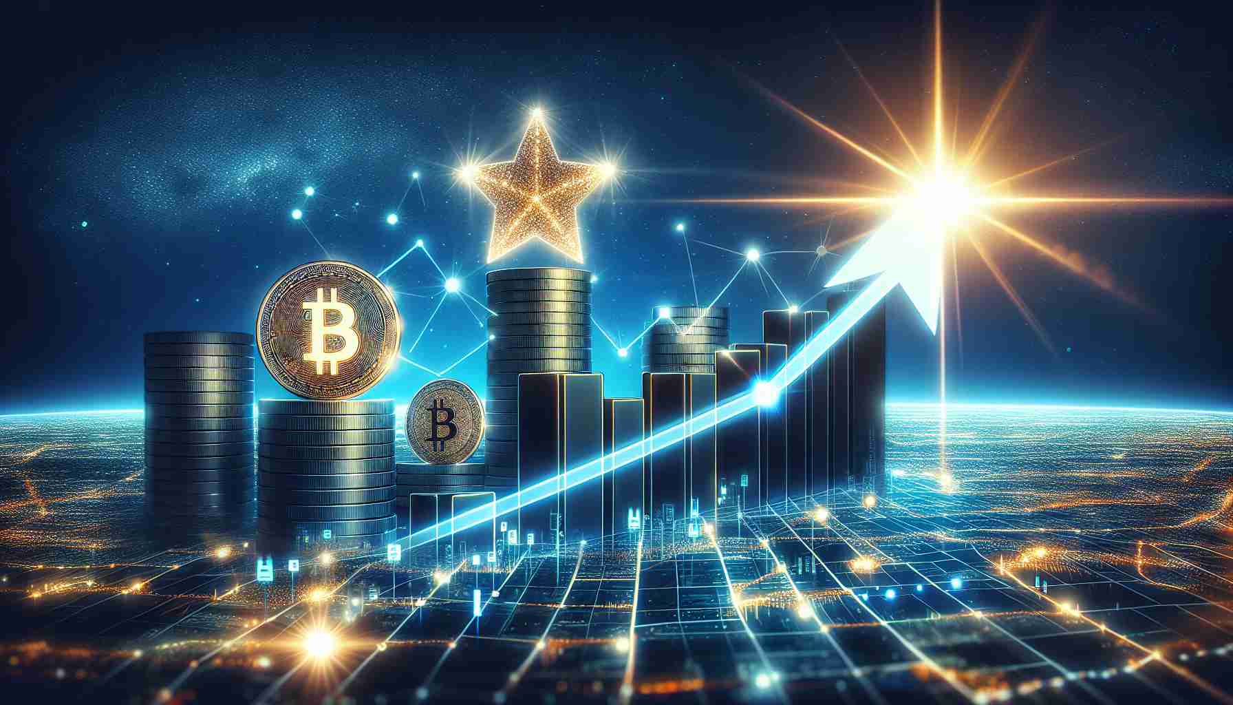 Realistic high definition image of the concept of a rising star in the crypto world, focusing on the concept of BlockDAG, set in the future year of 2030. Picture should include an upward trending line signifying the rise of BlockDAG, digital coins symbolic of cryptocurrency and a star shining bright signifying its rising popularity and success.