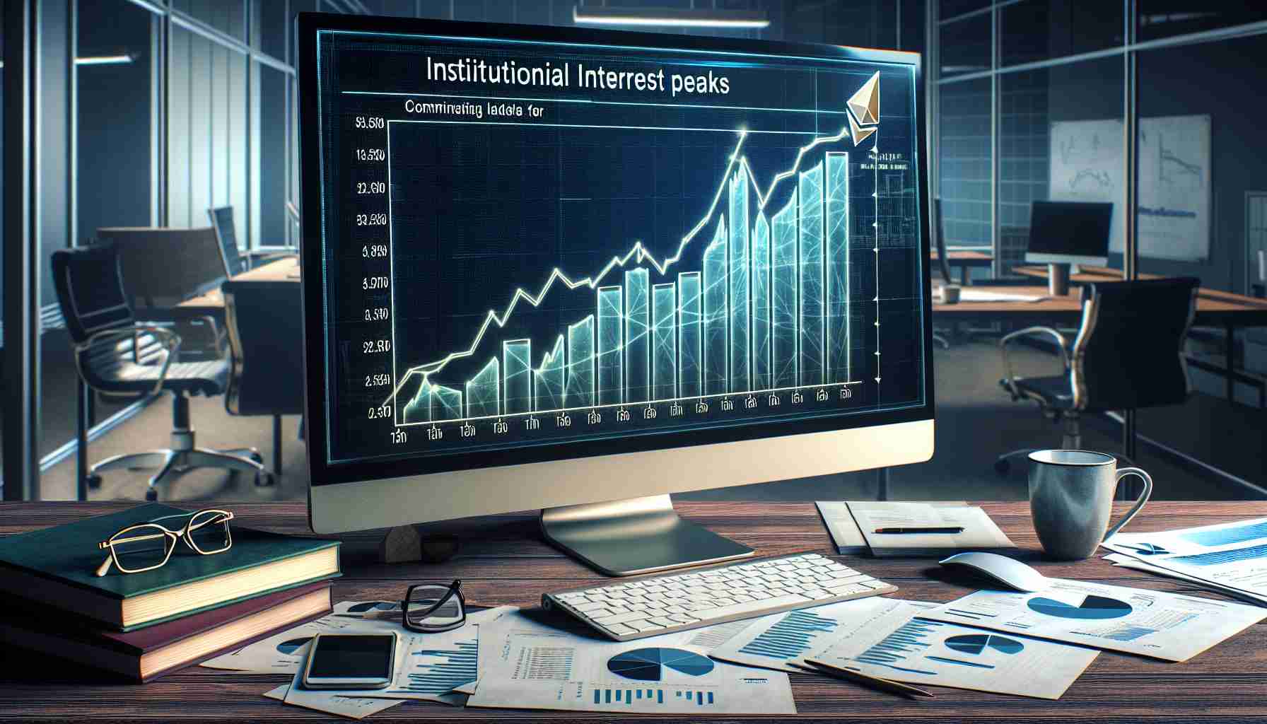 A realistic, high definition image presenting the concept of institutional interest peaks aligning with the upcoming Ethereum exchange-traded funds (ETFs). The scene should ideally manifest an upward trending line graph on a digital screen, with the corresponding parts marked for Ethereum ETFs. Ensure a professional environment surrounding the screen, with elements like a business desk with a computer, scattered financial papers, and a coffee mug, to imply the serious nature of the institutional interest.