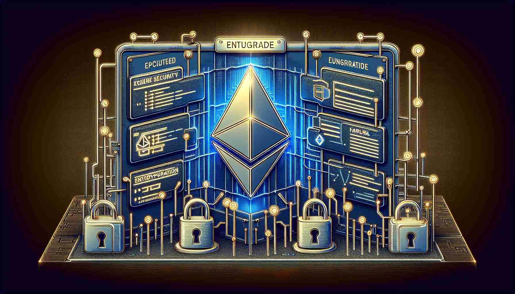 Create a detailed high-definition image that realistically depicts the concept of an imminent upgrade to the Ethereum network, named 'Pectra'. This upgrade should be portrayed as calling for heightened security measures. The design could include digital enhancements like increased encryption symbols, robust firewall imagery, and sophisticated locks. This should convey the notion of a more secure, advanced, and robust cryptocurrency network.