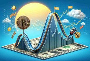 A high-definition, realistic illustration representing the concept of cryptocurrency market volatility. This can be depicted by a metaphorical roller coaster track with peaks, symbolizing the highs and lows. The roller coaster carriage stands for Bitcoin, showing it on a downwards slope, signifying a market dip. Simultaneously, another part of the track, represented by a rising sun, stands for XRP, attracting bullish forecasts. Please incorporate financial icons and graphics, such as graphs, charts, and currency symbols, to enrich the image.