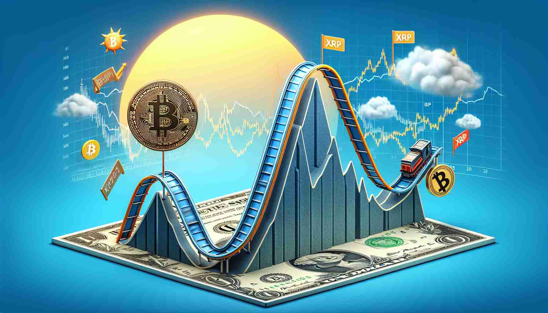 A high-definition, realistic illustration representing the concept of cryptocurrency market volatility. This can be depicted by a metaphorical roller coaster track with peaks, symbolizing the highs and lows. The roller coaster carriage stands for Bitcoin, showing it on a downwards slope, signifying a market dip. Simultaneously, another part of the track, represented by a rising sun, stands for XRP, attracting bullish forecasts. Please incorporate financial icons and graphics, such as graphs, charts, and currency symbols, to enrich the image.