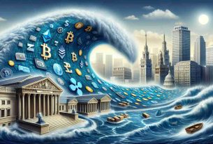 Realistic, high-definition illustration of the concept 'The Tide of Digital Currencies: Central Banks Gear Up for Revolutionary Shift'. Picture a large wave, representative of a tide, made from different types of digital currencies symbols like Bitcoin, Ethereum, and Ripple. This wave is making its way towards detailed, classical-styled buildings that symbolize central banks. These central banks are shown preparing for this approaching wave, with visible defensive tactics such as constructing digital firewalls or shields. The entire scene conveys a tension between traditional financial systems and digital currencies, showing the impending revolutionary shift.