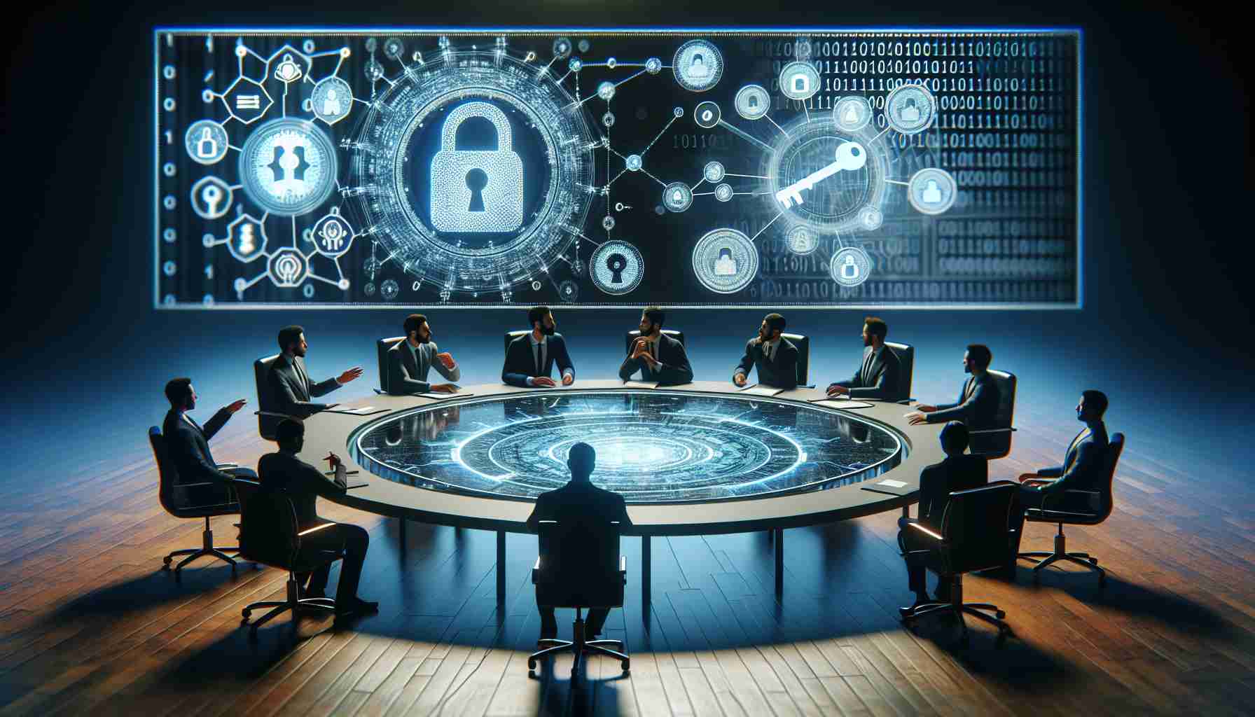 A high-definition realistic visualization that represents the discussion on Blockchain security methods by experts and the crucial nature of self-managed keys. The scene may include a round table with various professional figures around it such as a cybersecurity expert, a blockchain specialist, and a cryptography guru. These figures may be engaged in deep conversation. Some cryptographic symbols or blockchains can be seen on the table or projected onto a screen in the background, possibly a projection of binary codes, digital keys, and lock symbols highlighting the theme of self-managed keys.