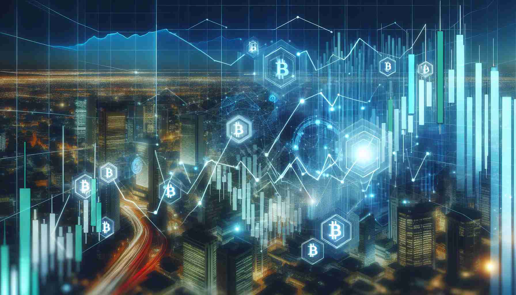 Generate a realistic HD image of a stock market graph showing a dramatic increase in share value, referring to a hypothetical blockchain solutions company