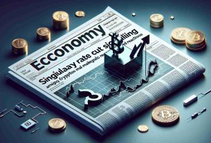 Visual representation of the concept 'singular rate cut signaling by Federal Reserve amid Crypto Market reactions'. Picture shows a symbolic piece like economy newspaper headline, with dominant textual elements detailing the event. Nearby, there's a line graph with fluctuating curves indicating the ups and downs of the crypto market. The imagery should contrast financial and crypto icons to depict the tension and reactions in the market. All in a realistic, high-definition style.