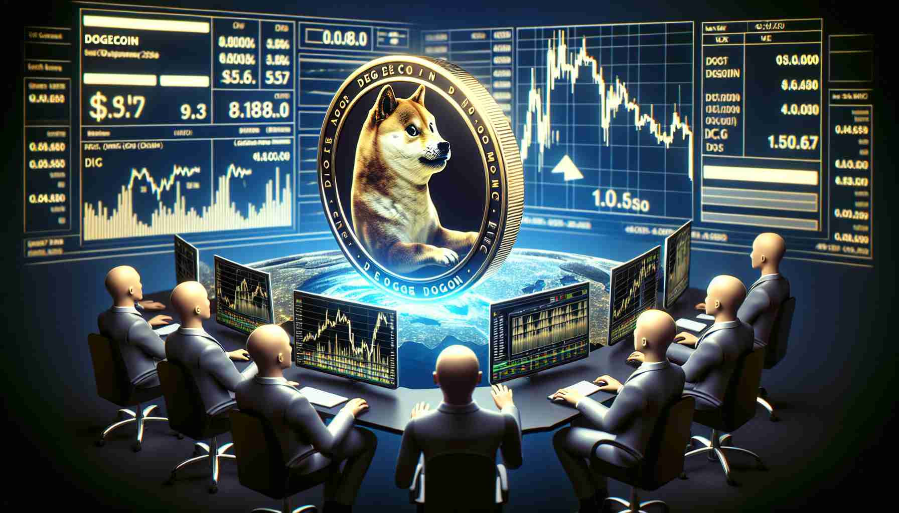 High-definition, realistic image depicting a Dogecoin as a physical coin. The coin appears to be falling or sinking to signify bearish trends in the market. Traders, depicted as faceless, ethnically diverse individuals interacting with computers or charts, show expressions of concern and lack of confidence.