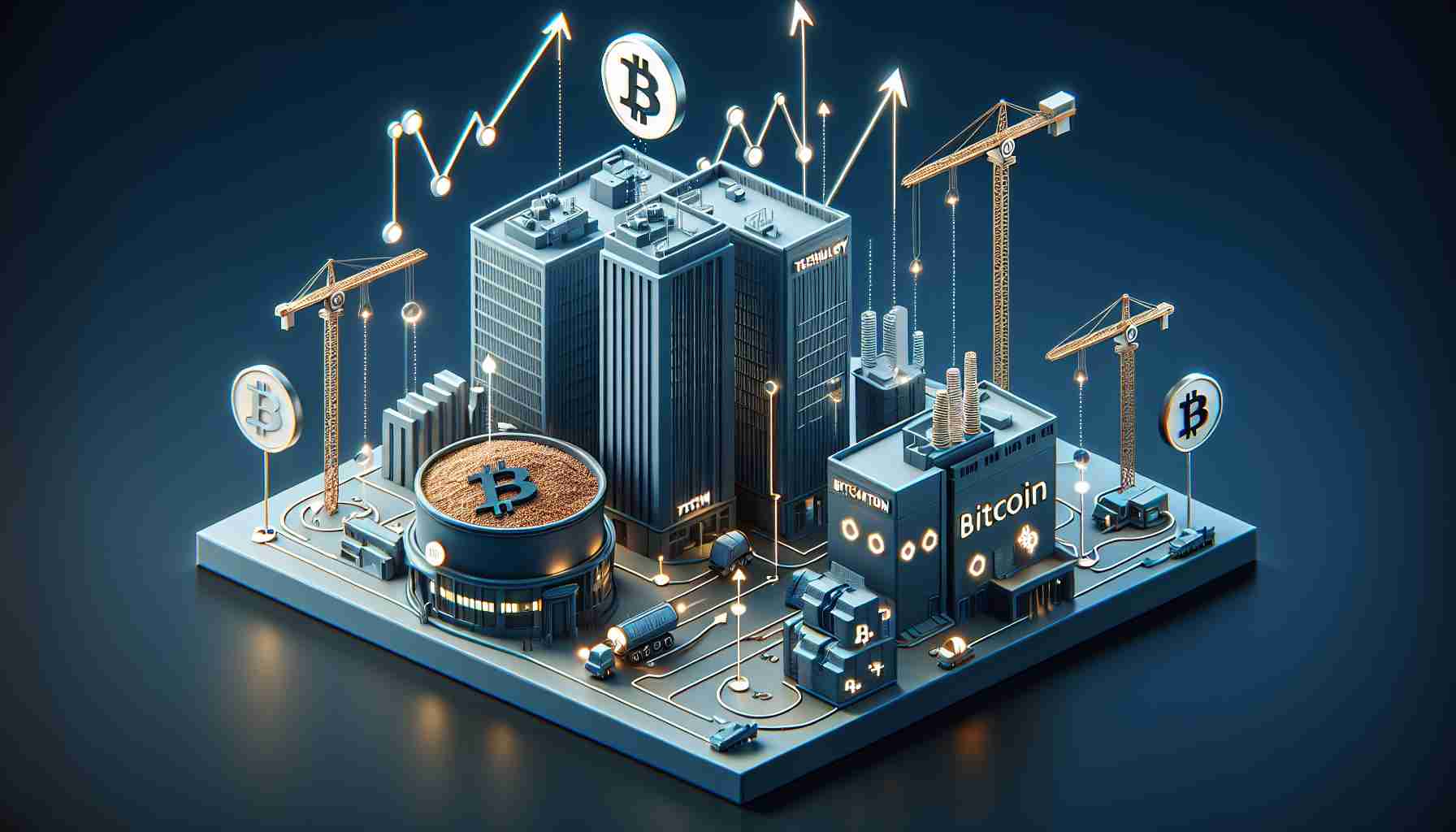 Realistic high-definition image of a symbolical representation of a technology company acquiring a Bitcoin mining firm. The scene could depict two distinct buildings, one labelled as a tech firm and the other as a Bitcoin mining firm. Around these, depict signs of expansion like construction cranes, growing graphs, and arrows moving upwards, indicating strategic expansion. Don't depict any specific brand name or logo.