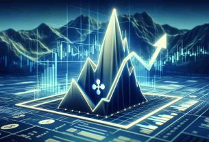 A high-definition, realistic image representing the potential rise of the XRP cryptocurrency. The image visualizes a schematic or graph exhibiting a significant, sharp incline symbolizing a strong growth trajectory and new peaks. This graph is dominant in the picture against a background that suggests financial activities. Perhaps include an abstract representation of a mountain to visually embody the 'ascend to new heights'. The color palette should be consistent with finance-related themes employing shades of blue and/or green. No real-world specifics or people in the image.