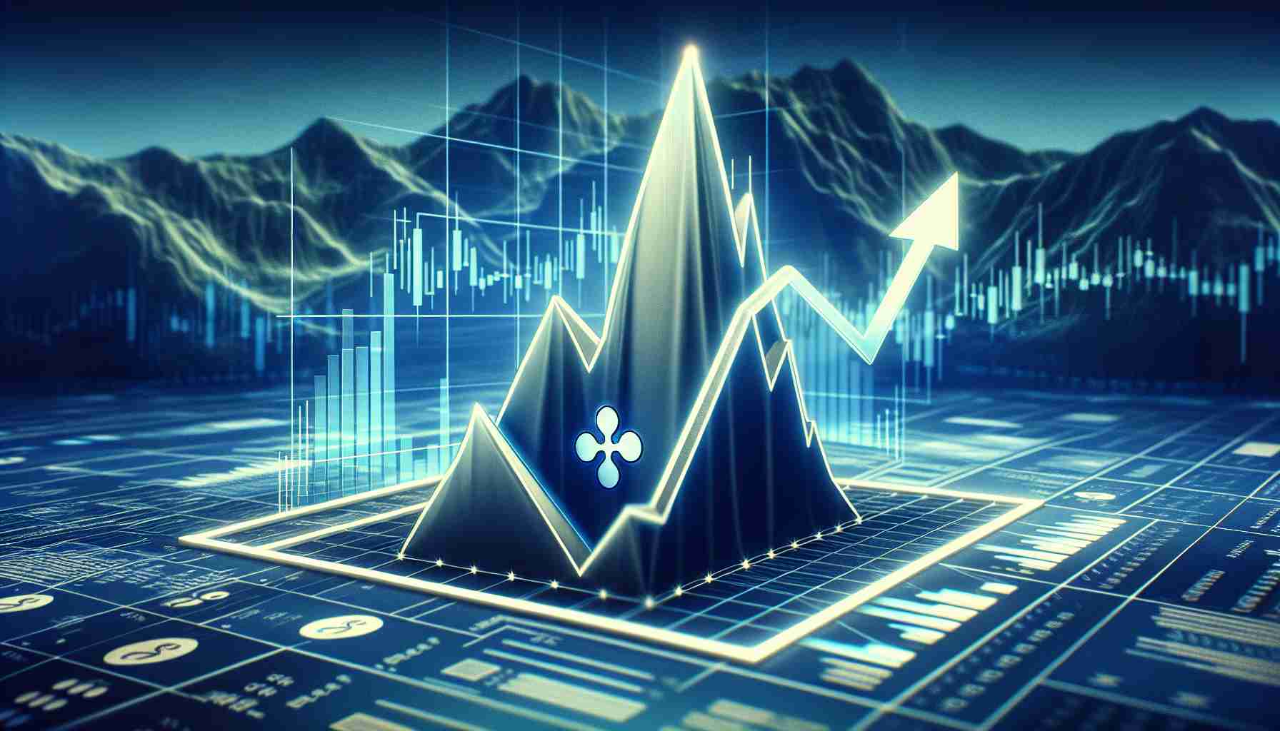 A high-definition, realistic image representing the potential rise of the XRP cryptocurrency. The image visualizes a schematic or graph exhibiting a significant, sharp incline symbolizing a strong growth trajectory and new peaks. This graph is dominant in the picture against a background that suggests financial activities. Perhaps include an abstract representation of a mountain to visually embody the 'ascend to new heights'. The color palette should be consistent with finance-related themes employing shades of blue and/or green. No real-world specifics or people in the image.