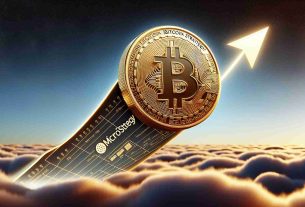 A realistic high definition (HD) illustration showing the concept of MicroStrategy's Bitcoin Strategy propelling its value to new heights. This can be represented by a gold bitcoin soaring upwards against a backdrop of a sky filled with clouds to indicate 'new heights'. The logo of 'MicroStrategy' can be subtly integrated in the corner of the design to reference the company behind the strategy. Please note this representation is metaphorical and should not be taken to directly represent actual financial data or predictions.