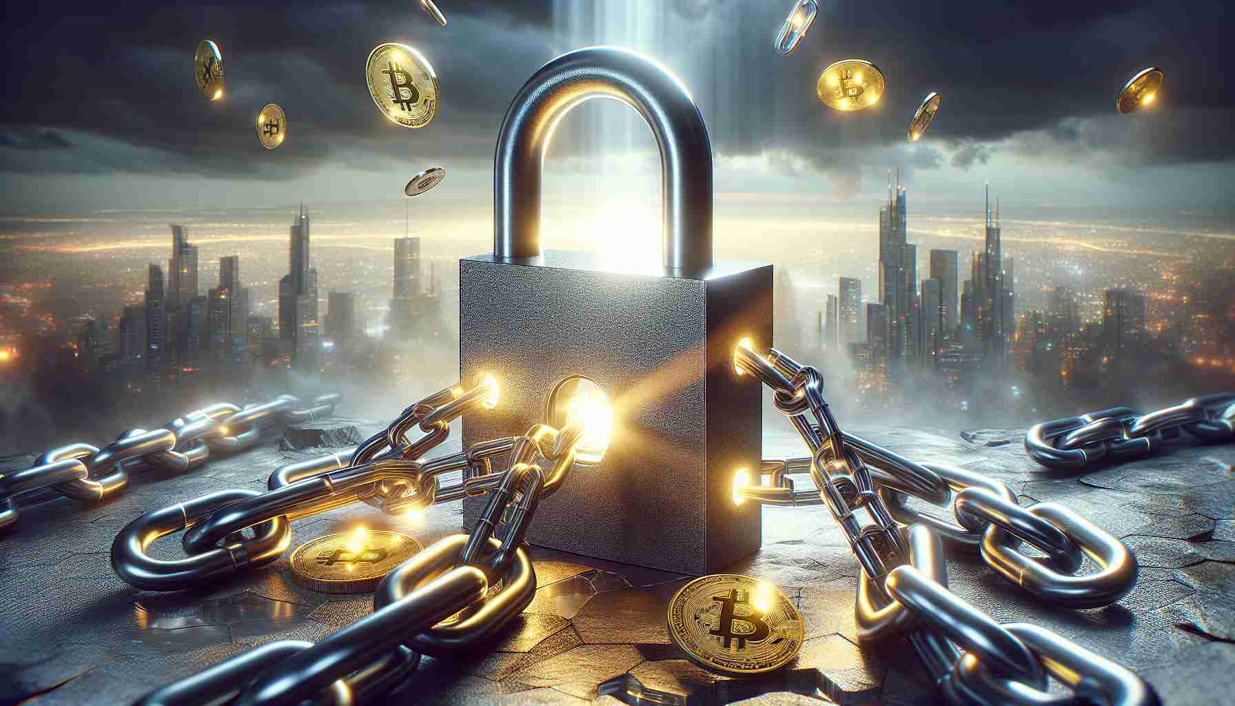 Generate a realistic HD photo that symbolically represents the concept of 'Unleashing Potential: The Catalyst for Blockchain Innovation'. The scene should present a large, metaphorical padlock that has chains wrapped around it. One end of the chain is frayed and ends in several shiny, golden blockchain links. The padlock is slightly ajar, light is streaming out from inside it, conveying the potential and possibilities that blockchain offers. Behind the padlock, our gaze falls onto a futuristic city skyline, representing the landscape of innovation that blockchain continues to impact extensively.