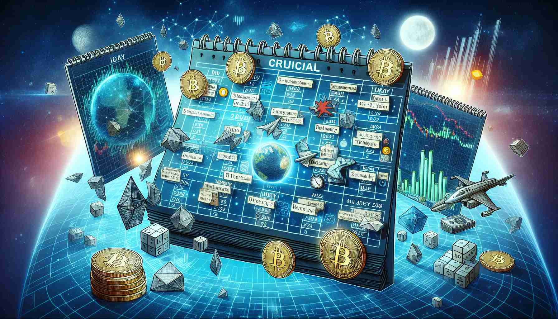 Visual representation of a metaphorical 'Crucial Week' for the cryptocurrency markets, illustrated as a calendar with important dates and events marked. Visualization depicts various symbols representative of key developments in the world of cryptocurrency, including but not limited to coins, graphs, and digital codes. Include high-definition and realistic elements in the image to convey the complexity and gravity of the situation.