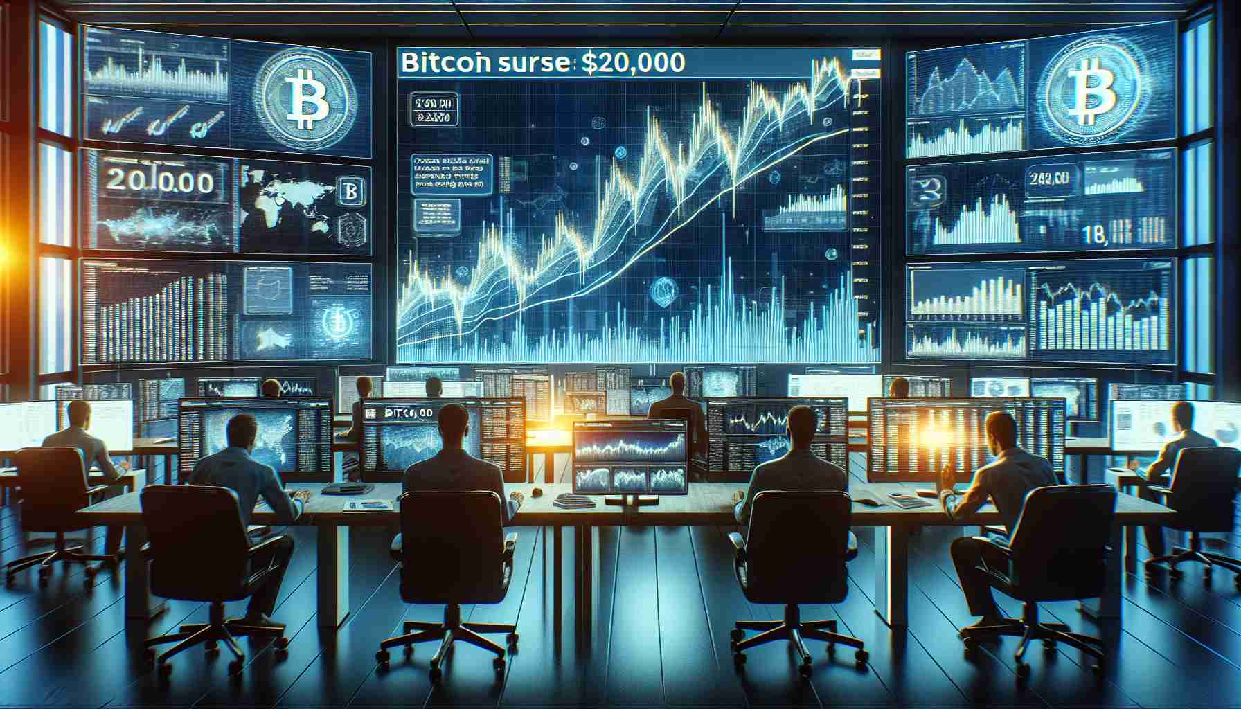 A high-resolution, realistic image of financial analysts analyzing data, charts, and graphs on computer screens, with texts predicting a potential Bitcoin surge to $200,000. The room is modern, filled with multiple monitors displaying various statistics and figures, and infused with an atmosphere of intense focus and anticipation.