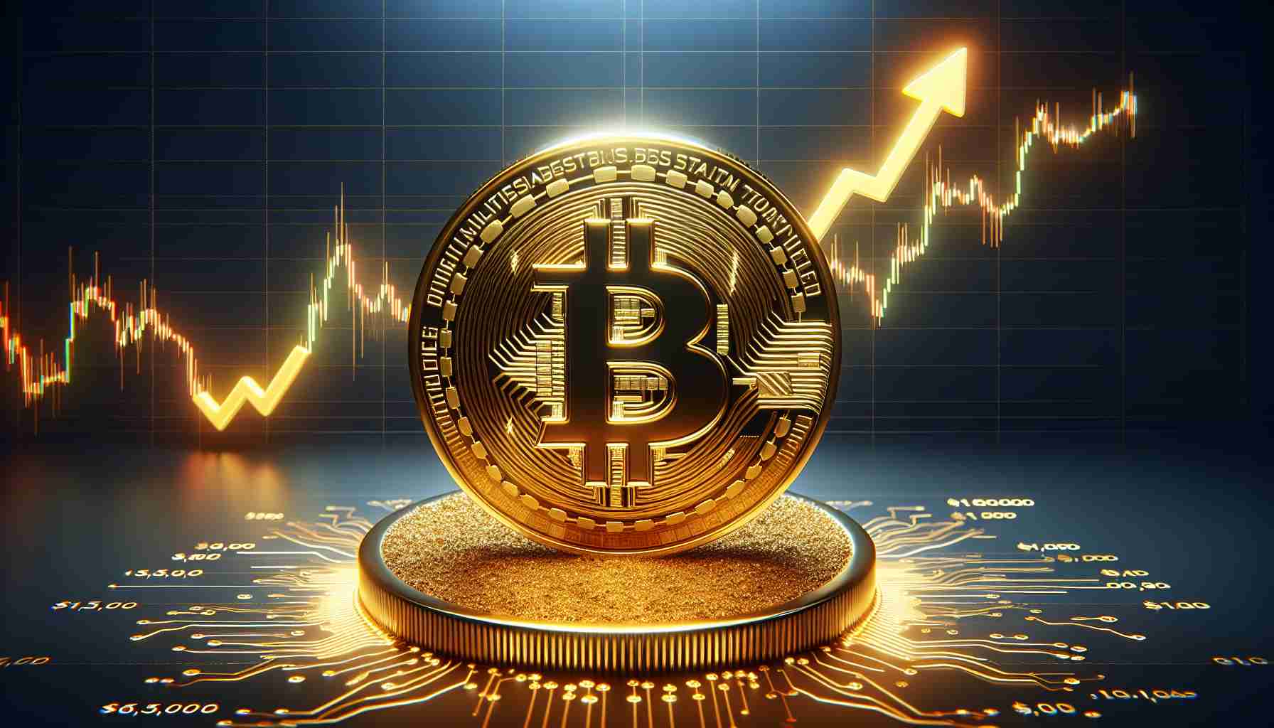 Render a high resolution, realistic image of a shiny golden Bitcoin symbol rising up, emphasizing its recovery. Add a background depicting a financial graph showing a downtrend followed by an uptrend, representing a recent slide and subsequent recovery above $61,000.