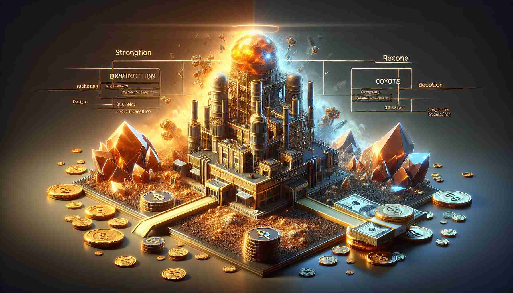 High definition, realistic illustration of a business acquisition scenario. The stronger entity, depicted as a large, intricate and well-designed structure, is represented by 'RXO'. The entity 'Coyote Logistics' is depicted as a smaller, but also well-designed structure. The background features a massive pile of gold coins, dollar bills and gemstones, representing significant investment. Please ensure all the elements involved have distinct, sharp details to make the scenario clear.