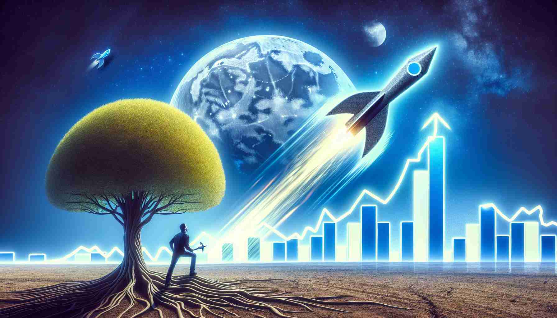 An ultra high definition image showing the concept of XRP - the 3rd largest cryptocurrency by market cap - being on the brink of significant growth. The picture should symbolize a potential breakout or substantial increases in value. It might incorporate some common visual metaphors for growth and potential, such as a graph spiking upwards, a strong tree about to bloom, or a rocket preparing for liftoff.