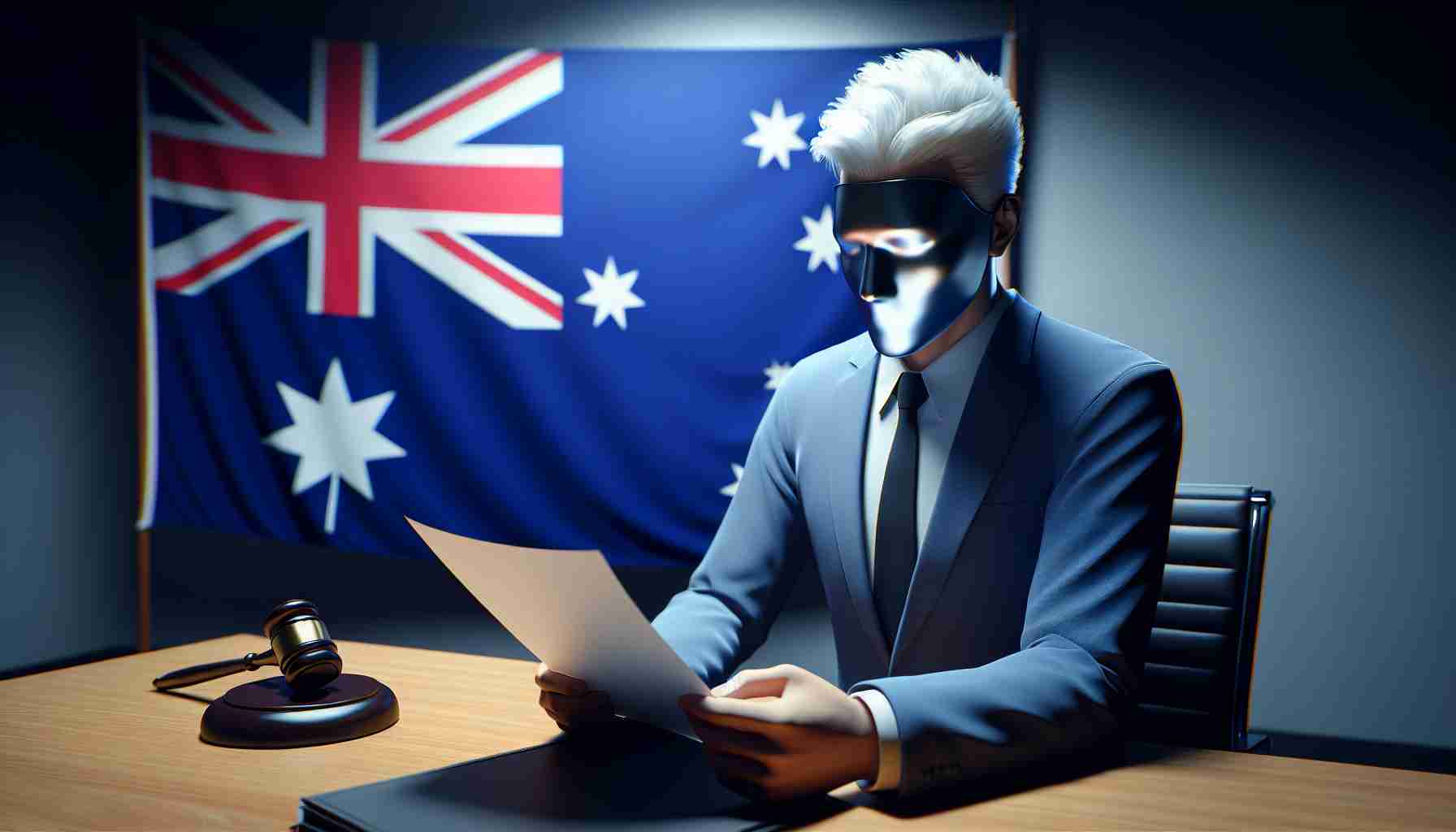 Image of a realistic, high-definition scenario displaying an anonymous white, silver-haired male figure, recognizable as a journalist, accepting a plea deal in a formal setting. In the background, an Australian flag subtly hints at his imminent return to this specific country.