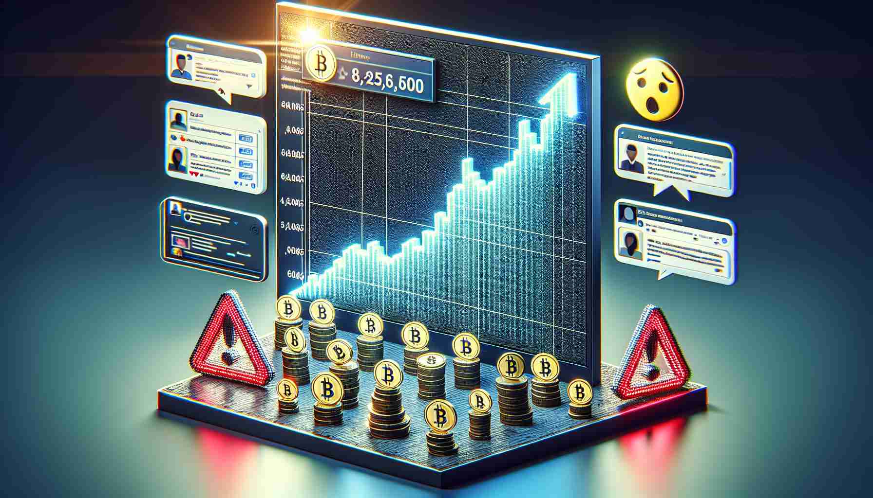 An image showing a realistic, high-definition visualization of a significant increase in social media chatter surrounding the Solana Coin. Display it as an upwards-pointing graph to denote the rally. Alongside, depict signs of raising concerns such as a worried emoji or red caution symbols. Don't include any specific social media platforms; instead, use generic icons to represent user profiles and comments.