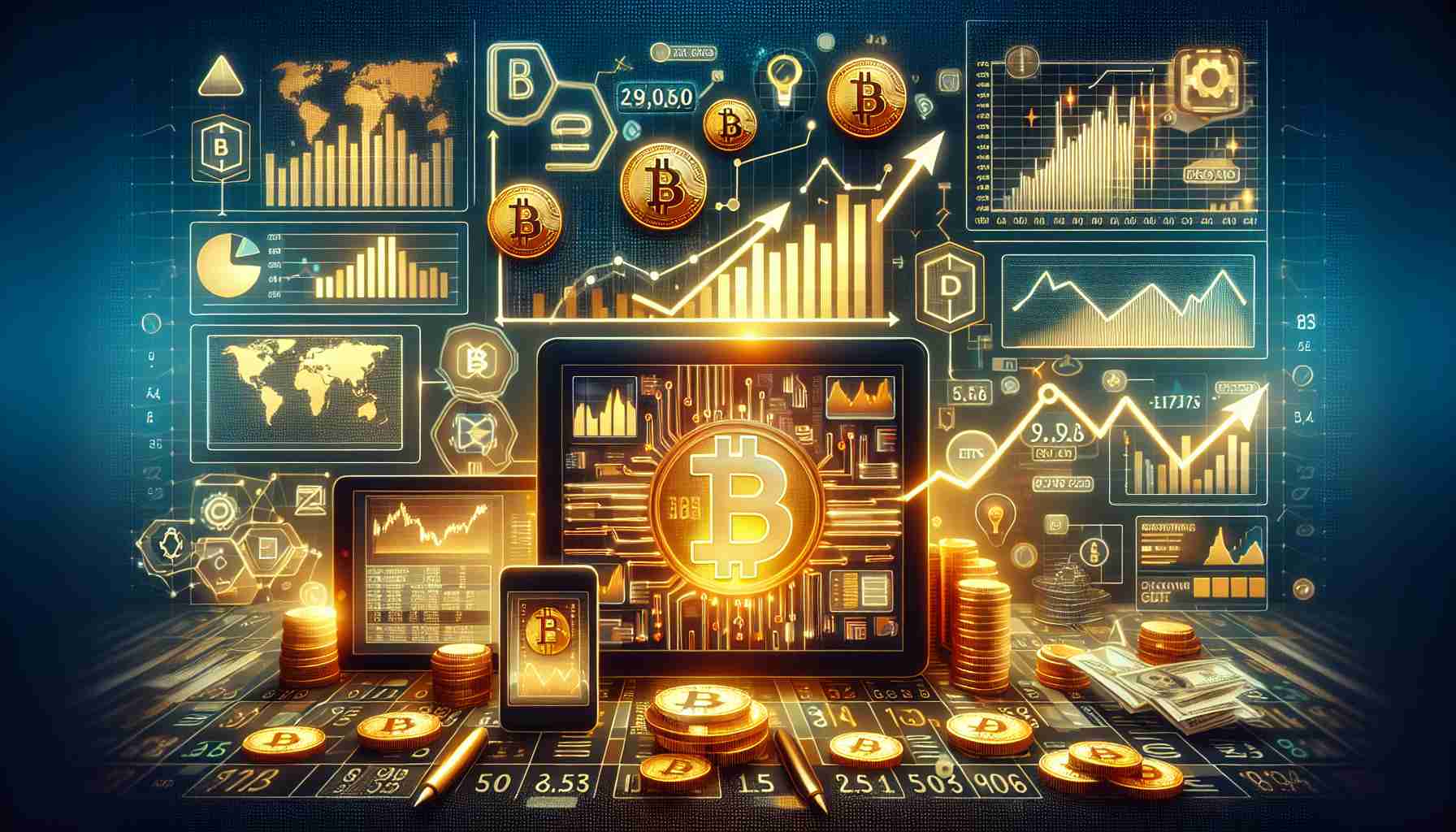 Create an image that captures the concept of Bitcoin Market expansion. Show the numerical growth with bar charts and graphs indicating the rise in Spot Exchange-Traded Funds (ETFs) and Futures Contracts. Include symbolic illustrations like golden bitcoins, electronic devices showing digital markets, stock market screens etc. Overall, make the scene look busy and active to signify the growing momentum of this digital currency market.