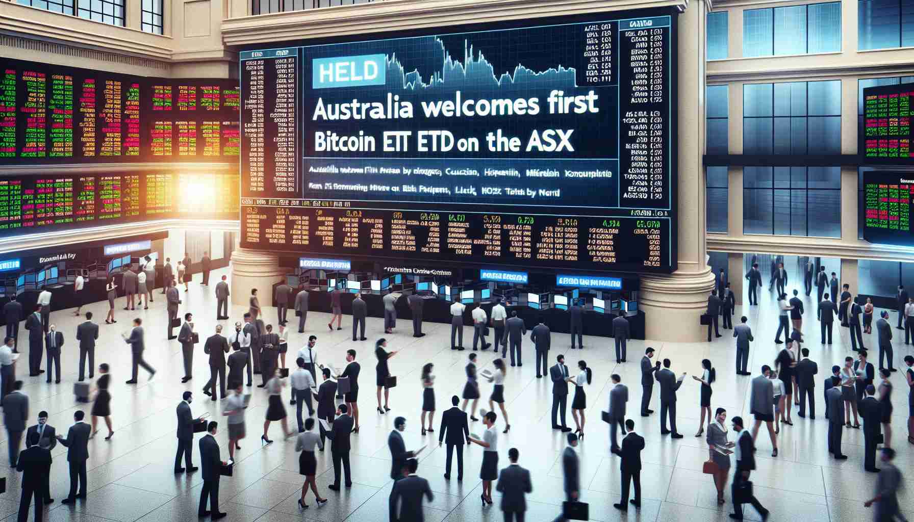 Create a realistic HD image featuring a large, modern stock exchange electronic board showcasing the news headline: 'Australia Welcomes First Bitcoin ETF on the ASX'. Include bustling traders of various genders and descents such as Caucasian, Hispanic, Middle-Eastern, Black, East Asian, and South Asian conducting their activities in the foreground with a busy trading-floor atmosphere.