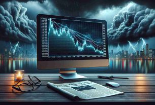 A high-definition, realistic image depicting a scenario symbolizing the cryptocurrency market. The scene is steeped in uncertainty and shifting sentiments. Display a stock market chart on a computer screen, with the line graph illustrating a steep downward trend, signifying a slide in the market. Incorporating dark clouds and stormy seas in the background, symbolising an uncertain and turbulent atmosphere. On a table near the computer, lay a newspaper with headlines about the volatility in the cryptocurrency market. But make sure no real-life persons or identifiable companies are depicted.