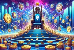 Generate a detailed, high-definition image representing the concept of emerging challenges towards Solana’s dominance in the realm of blockchain technology. The image could metaphorically depict a throne signifying the position of Solana, with various representations of different blockchain technologies steadily ascending towards the throne.