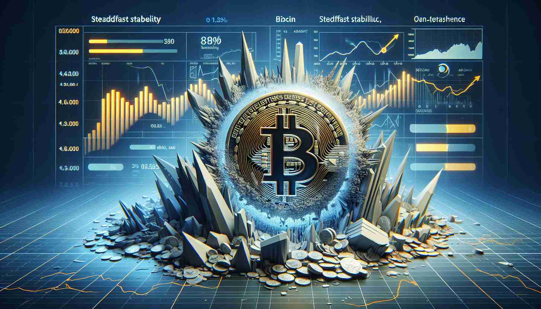 Render a high-definition, realistic image representing Bitcoin market performance. Show a visual of steadfast stability even amidst significant hurdles and challenges. Include various financial charts and graphs that illustrate this resilience in financial market pressures.