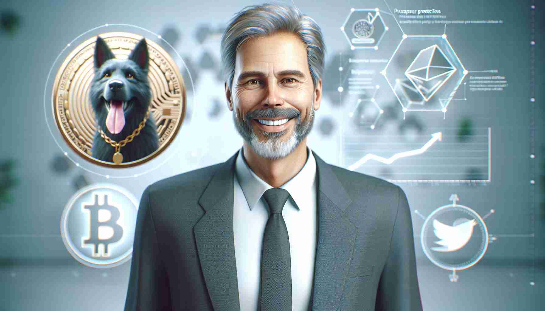 Realistic HD photo of a professionally dressed businessman in middle-age, with a positive expression. The background includes elements signifying prosperous predictions for a popular canine-themed cryptocurrency. Please ensure no identifying features of real people are included.