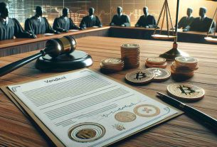 Render a high-definition, photo-realistic image of a ground-breaking verdict being delivered in a cryptocurrency securities fraud case. The image should focus on the documentation involved such as legal papers and legal stamps, possibly lying on a judge's desk, with a court room backdrop. Include elements to denote the cryptocurrency context, like coin symbols and data charts in the background.