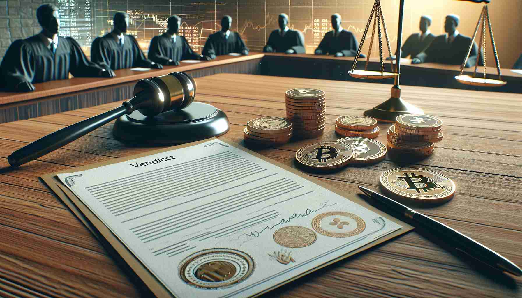 Render a high-definition, photo-realistic image of a ground-breaking verdict being delivered in a cryptocurrency securities fraud case. The image should focus on the documentation involved such as legal papers and legal stamps, possibly lying on a judge's desk, with a court room backdrop. Include elements to denote the cryptocurrency context, like coin symbols and data charts in the background.