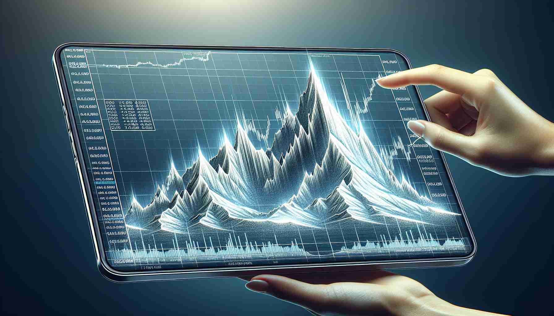 A realistic and high-definition illustrated graph showcasing the potential bullish swing of a generic cryptocurrency. The graph includes significant market analysis data with highlighted areas showcasing the potential for an upward swing. The image appears to be aesthetically drawn in a way that looks like mountain ranges, with rising peaks and valleys, subtly symbolizing an 'avalanche'. Please note that the cryptocurrency symbol or name should not be explicitly shown.