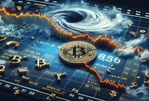 A high-definition, realistic photo showcasing the symbolic representation of the fall of Bitcoin in unstable cryptocurrency market. The image should depict a Bitcoin symbol on a downward trend chart or graph, surrounded by various other fluctuating cryptocurrency symbols hinting at market turbulence. The chart should be intricately detailed with numbers and variables to represent a financial study. Please include visual elements of turmoil like stormy weather or turbulent sea to artistically represent the chaos and uncertainty in crypto financial markets.