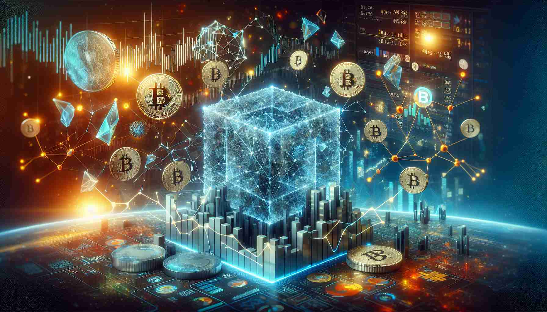 High-definition, realistic illustration featuring a representation of the abstract concept of BlockDAG's potential in the lively cryptocurrency market. The scene may include an intricate, interconnected structure symbolizing the BlockDAG, juxtaposed with various symbolic elements representative of a thriving and fluctuating crypto market such as digital coins, data charts, and trends.