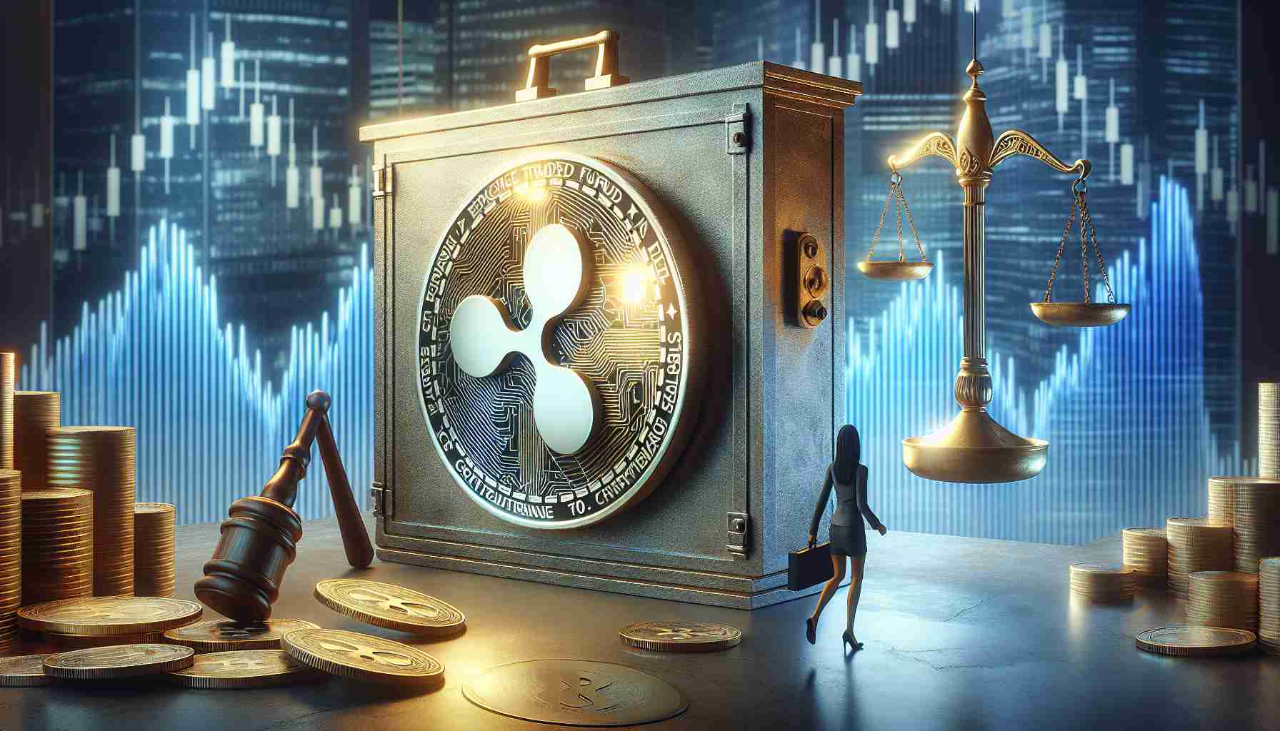 Realistically rendered high definition image illustrating the anticipatory excitement in the financial market for a potential Exchange Traded Fund (ETF) centered on the cryptocurrency XRP. Accompanying this, depict visual representations of Ripple's plan to introduce a stablecoin, perhaps through symbolic images like a secure vault or balanced scales to represent stability. Aim to capture the tension, unpredictability, and excitement of these financial maneuvers in the world of cryptocurrency.