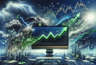 A high-definition, realistic image illustrating a surge in stock markets despite various political and technological challenges. The image showcases a computer screen flooded with green percentages indicating growth, subtle backdrop of complex graphs demonstrating rising trends. Additionally, it includes abstract symbolization of political hurdles, perhaps in the form of storm clouds or entangled arrows, and technological challenges as tangled wires or error message pop-ups.