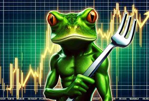 A high-definition, realistic image of an anthropomorphic green frog, expressing anger, interjected within a digital representation of the cryptocurrency market. The backdrop features ascending and descending lines, indicating the volatile nature of the market. The frog, symbolizing disturbance, holds a fork, a metaphor for diversification or splitting into different directions in the context of cryptocurrency.