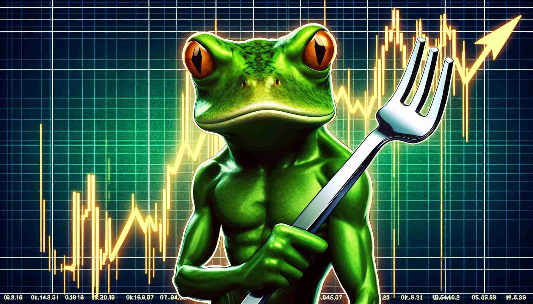 A high-definition, realistic image of an anthropomorphic green frog, expressing anger, interjected within a digital representation of the cryptocurrency market. The backdrop features ascending and descending lines, indicating the volatile nature of the market. The frog, symbolizing disturbance, holds a fork, a metaphor for diversification or splitting into different directions in the context of cryptocurrency.