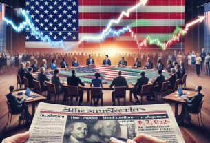 High-definition, realistic image illustrating a metaphorical debate in American politics, represented by diverse group of individuals engaged in a discussion around a table with a large American flag in the background. However, the financial market illustrated with a stock market screen showing mixed but stable readings, signifies steadiness. In the foreground, a newspaper on a table with headlines about upcoming inflation data.