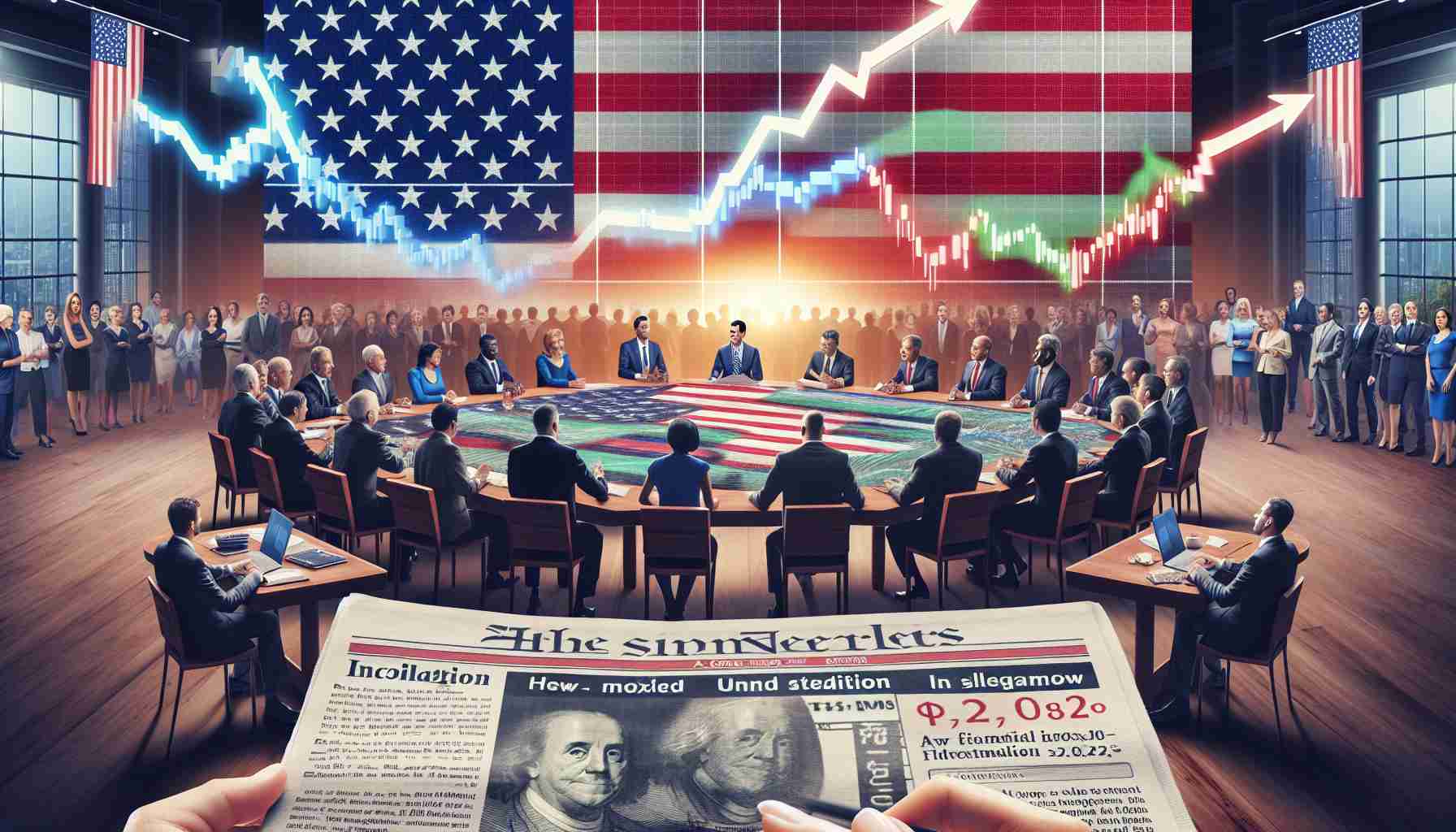 High-definition, realistic image illustrating a metaphorical debate in American politics, represented by diverse group of individuals engaged in a discussion around a table with a large American flag in the background. However, the financial market illustrated with a stock market screen showing mixed but stable readings, signifies steadiness. In the foreground, a newspaper on a table with headlines about upcoming inflation data.