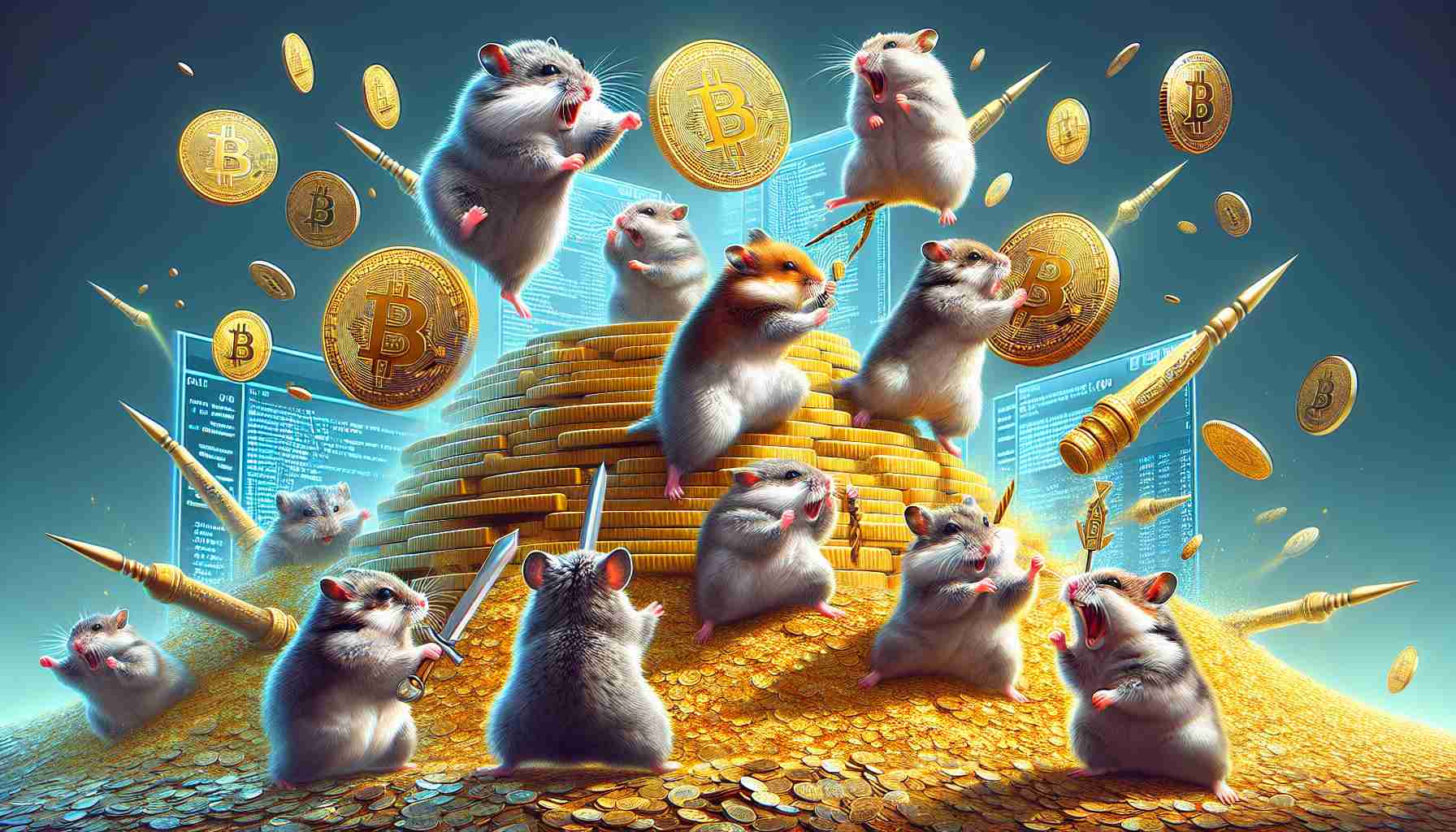 High-definition, realistic illustration showcasing an epic scene where furry hamsters are engaged in a playfully intense battle, while surrounded by symbolic representations of cryptocurrency. The hamsters, in an array of dynamic action poses, symbolize different forces in the digital world. Some hamsters could be seen standing on piles of digital coins or gold, while others are using lines of code as weapons or shields, representing the crypto craze.