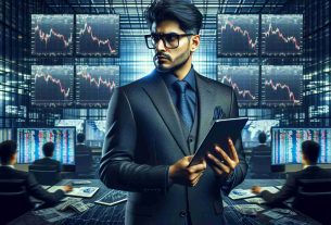 HD realistic image capturing the moment of a South Asian investor, conveying an attitude of resilience and determination, standing solid despite experiencing a heavy financial downturn in their investment in a fictional digital currency called 'Beercoin'. The setting is in a modern, high tech office filled with multiple monitors displaying the plunging graphs. The investor is wearing formal business attire, complete with a tie and glasses, holding a tablet displaying the 'Beercoin' value drop.