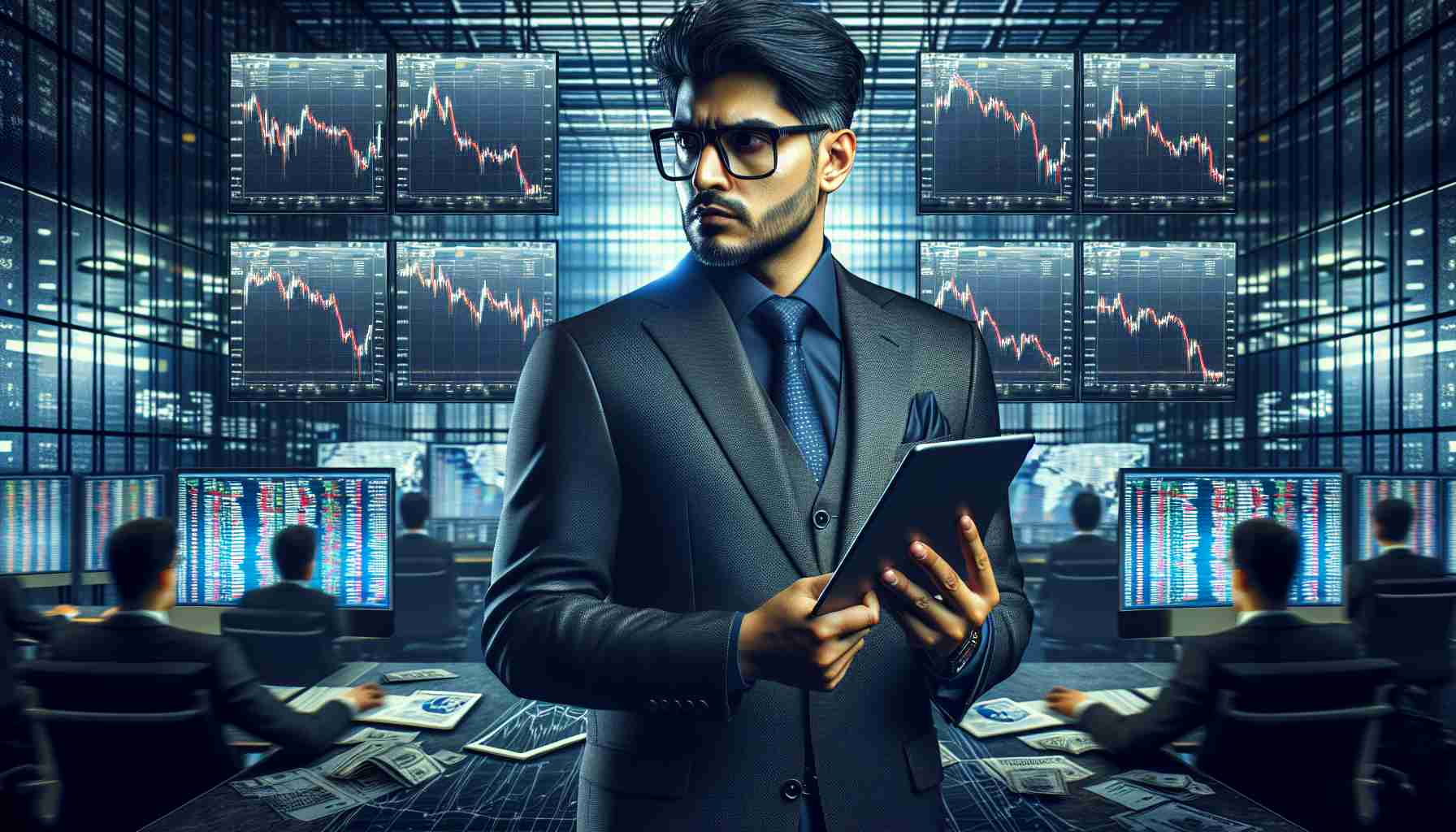 HD realistic image capturing the moment of a South Asian investor, conveying an attitude of resilience and determination, standing solid despite experiencing a heavy financial downturn in their investment in a fictional digital currency called 'Beercoin'. The setting is in a modern, high tech office filled with multiple monitors displaying the plunging graphs. The investor is wearing formal business attire, complete with a tie and glasses, holding a tablet displaying the 'Beercoin' value drop.