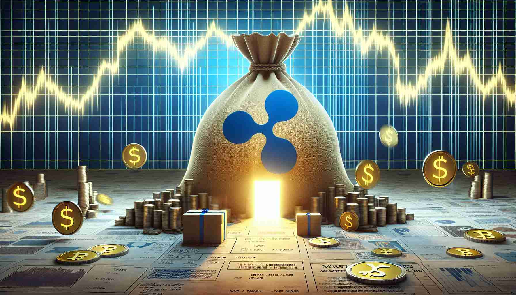 A hyper-realistic image representing the concept of a massive digital currency transfer represented by Ripple's XRP symbol, happening amid a background indicating a plunging financial graph. The transfer is heading towards an obscure, unidentifiable location signifying a mystery address.