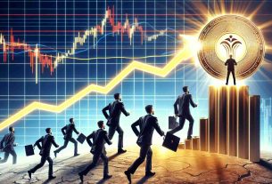 Detailed high-definition image of a conceptual representation where a rising 'Toncoin' is attracting investors depicted as bullish figures. The scene is set against a backdrop of a stock market graph showing an upward trend. The 'Toncoin' is portrayed rising from the graph like a sun, and the bullish figures are moving towards it, signifying their interest in investing. The bullish figures can be wearing classic investor attire such as suits and ties. The overall feel of the image should be energetic and optimistic, implying a positive investment environment.