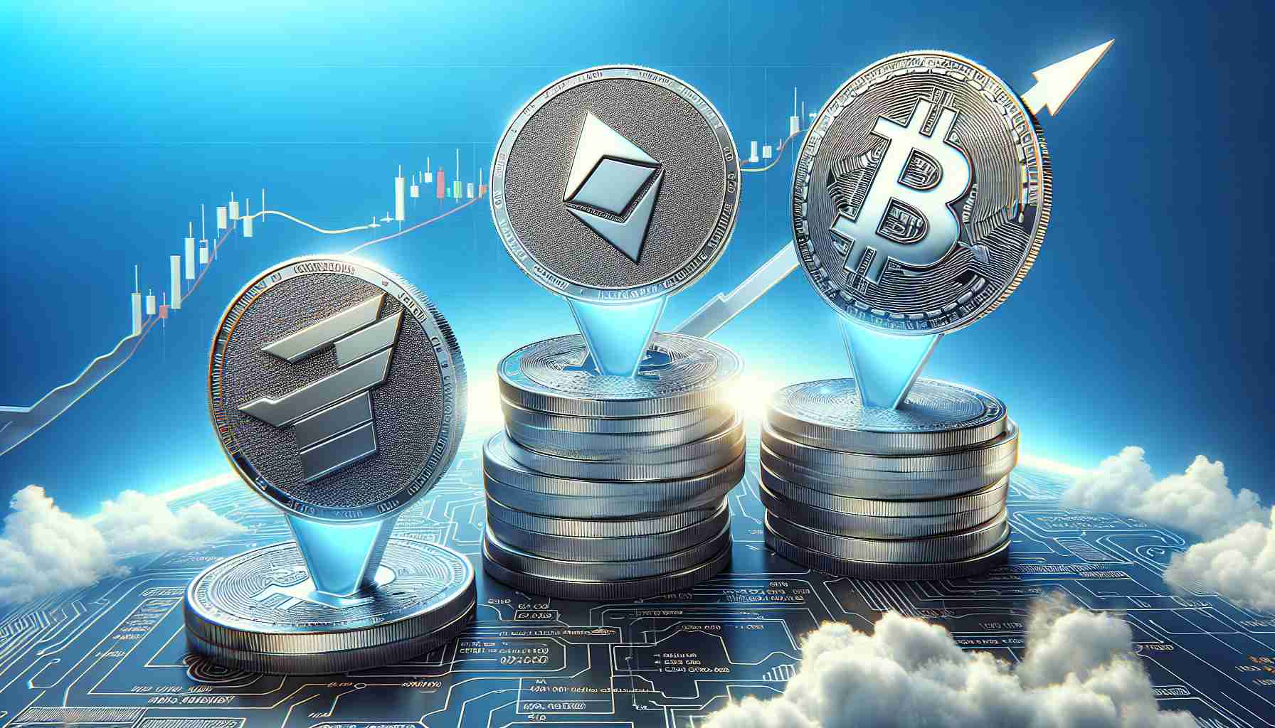 High-definition realistic image featuring three alternate cryptocurrencies or 'altcoins' represented as shiny, metallic coins against a sky-blue background. These coins are soaring upward, implying an impending bull run in the market. The coins could have unique motifs related to their respective blockchains - for example one can have a stylized 'B', another a decorative 'E', and still another a figurative 'L'. The trajectory of their ascent should hint at a steep angle, symbolizing a significant market surge. The backdrop should be adorned with infographics and line-growth charts to further emphasize the bull-market scenario.