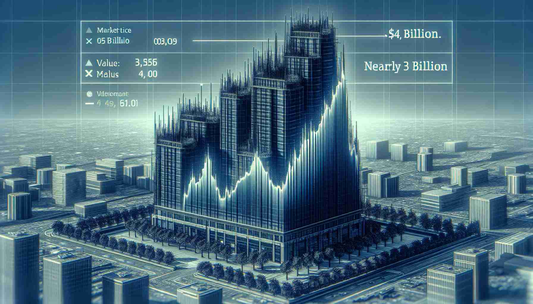 Generate an image illustrating the concept of a large company, represented as a towering structure, showing resilience despite a minor dip. The structure stands proud in a market landscape with a value tag showing nearly $4 billion. This is a high-definition, realistic representation.