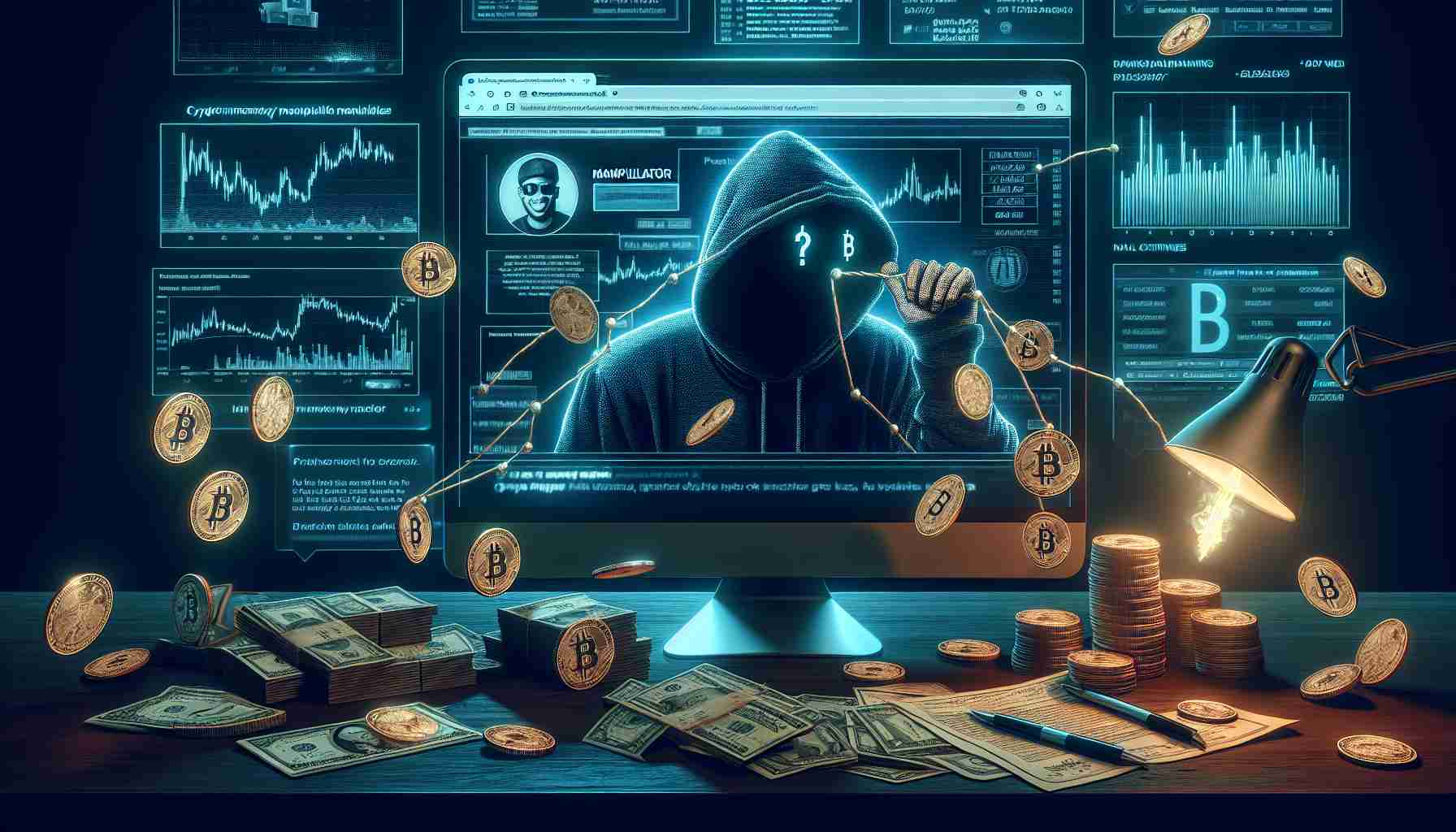 A high definition realistic illustration showing a fraudulent cryptocurrency scheme. There is an unknown manipulator behind the scheme taking advantage of a famous rapper's notoriety, although the rapper themselves is ambiguous and not detailed. Seen on screen are pieces of evidence indicating manipulative activities: fake news headlines, price spikes on crypto charts, anonymous digital accounts, and various currencies. The background is filled with online elements like dark web screen, pop-up ads, and email scams suggesting an atmosphere of illegal online activities.