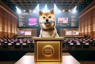 High-resolution realistic photo of a Shiba Inu dog taking center stage as a gold sponsor at a prestigious technology summit in Japan dedicated to Web3 technologies. The dog should be portrayed as the star attraction of the event, with bright stage lights illuminating its golden fur and big, beautiful eyes. The background should feature a modern-styled podium with a tasteful gold sponsor logo, rich in Japanese aesthetics. At this event, state-of-the-art computer screens and various web3 technology exhibits can be seen.