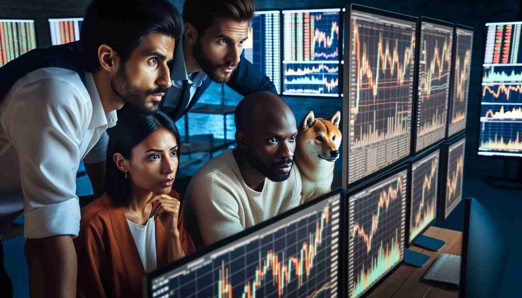 High-definition photo presenting a group of Shiba Inu enthusiasts, consisting of Middle-Eastern woman, Caucasian man, and Black man. They are engrossed in analysing price charts in a modern office environment surrounded by multiple monitors displaying a variety of financial information. The intensity in their eyes reflects their aspirations for significant price milestones.